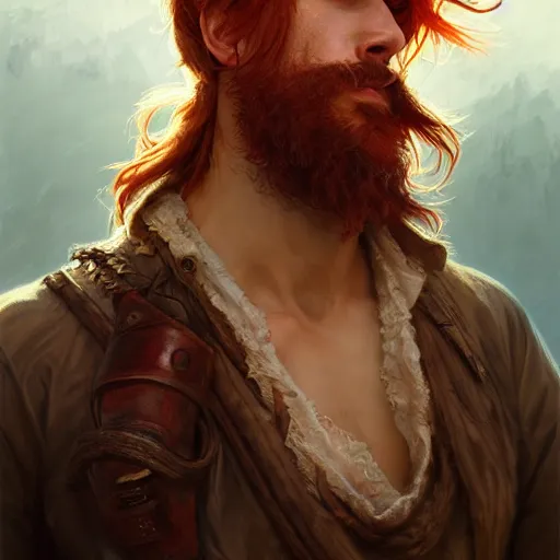 Image similar to portrait of a young rugged pirate, male, masculine, upper body, red hair, long hair, soft hair, D&D, fantasy, intricate, elegant, highly detailed, digital painting, artstation, concept art, matte, sharp focus, illustration, art by Artgerm and Greg Rutkowski and Alphonse Mucha