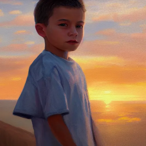 Prompt: an influencer boy portrait, sunset, ocean in distance, oil painting, pale colors, high detail, 8 k, wide angle, trending on artstation,