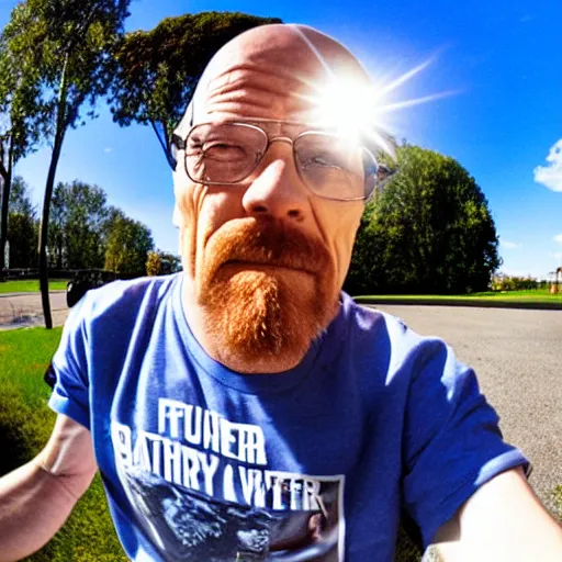 Image similar to walter white skateboarding, fisheye lens, sunny day