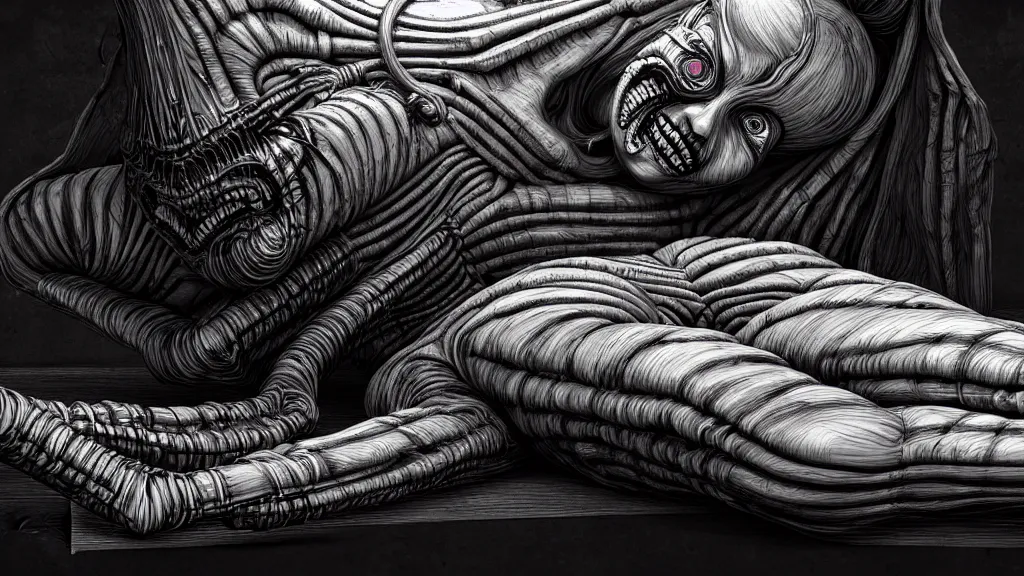 Prompt: comfortable bed that makes me want to sleep, hyperdetailed, artstation, cgsociety, nightmare fuel, style of Giger, H. R. GIGER, style of Junji Ito, 4K, highly detailed, minimalistic, minimalistic, minimalistic, fine tuned, machina