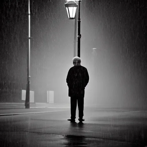 Prompt: portrait of an old man standing in the street at night, light source is overhead street lights, mono chrome, rain, mist