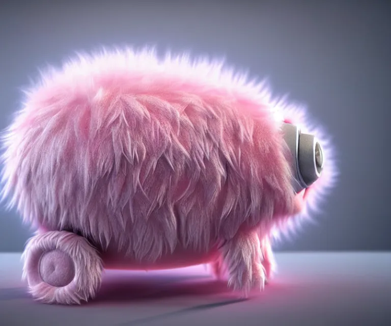 Image similar to high quality 3 d render hyperrealist very cute small tardiradiant, plush mascot, spiky fluffy smooth hair, photo from the side, pink fluffy fur,, fractal veins. cyborg, 1 5 0 mm, beautiful natural soft light, rim light, vray, smooth background, artstation, ultra detailed