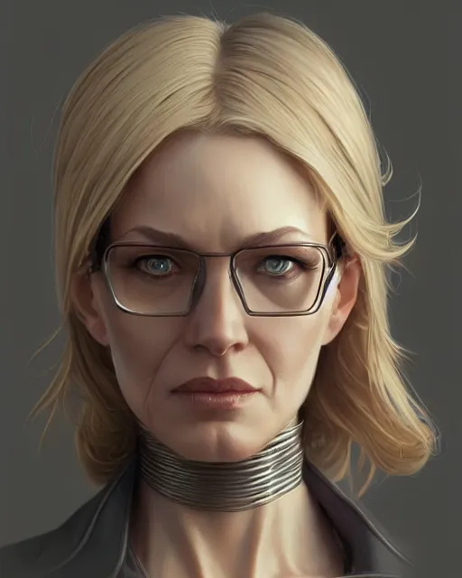 Prompt: portrait of thin blonde middle aged lady cyborg with glasses, elegant, real life skin, intricate, high detailed, artstation, concept art, smooth, sharp focus, art by artgerm and greg rutkowski