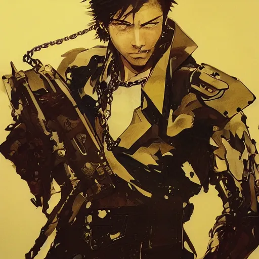 Prompt: portrait of a hero holding his sword in front of his face by yoji shinkawa, high quality, extra details, realism, ornate, colored, golden chain, blood, white skin, short hair, brown eyes, vivid, sunlight, dynamic, american man, freedom, spray paint