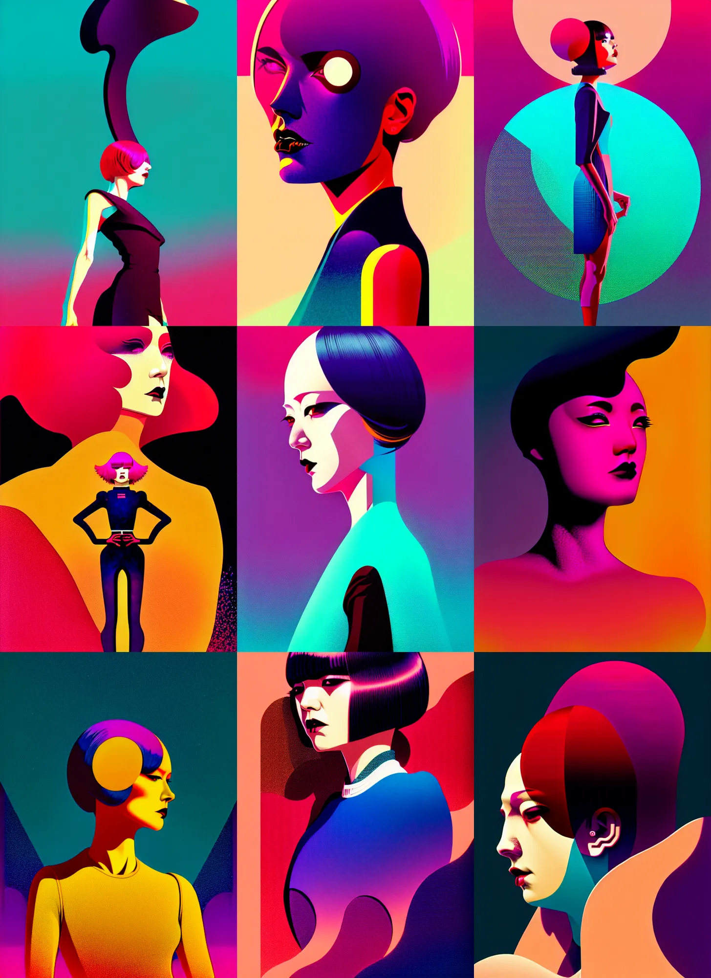 Prompt: ( ( strong dither ) ), editorial illustration portrait a woman like reol, modern art deco, dynamic pose, colorful, ( ( mads berg ) ), christopher balaskas, victo ngai, detailed, dynamic composition, wide angle, moebius, matte print, volumetric, halftone texture, risograph