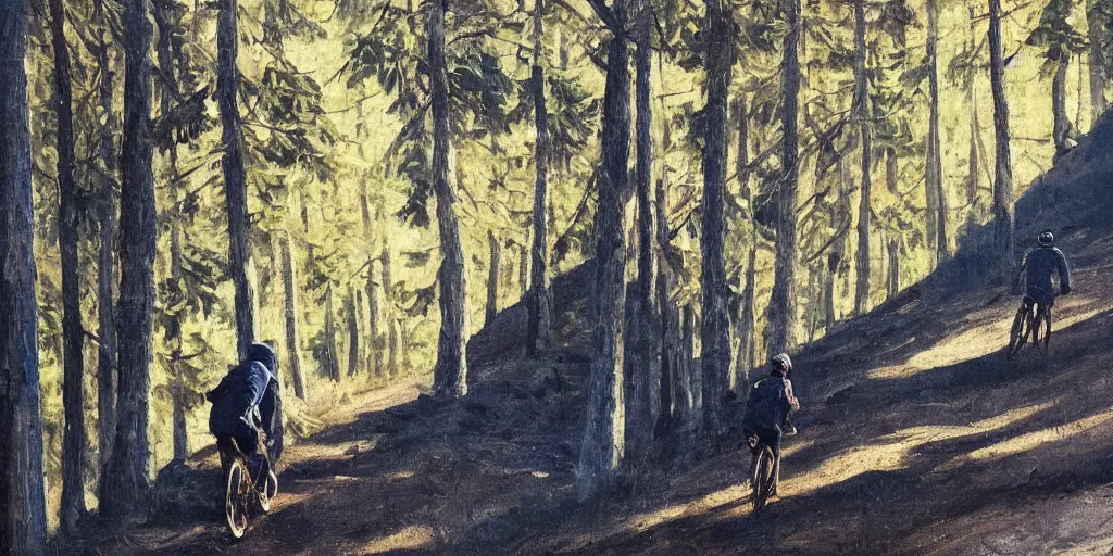 Prompt: Exact two men biking alone up a steep forest hill. One with a deep dark blue sweater and the other with a wine red sweater. sweaty. Oil painting. Emotional. Trending on artstation. Steep. Nordic Trees. Rustic. Artistic.