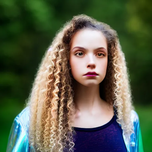 Image similar to selfie of a young woman, wearing a translucent and iridescent jacket over a tank top, curly long hair, caucasian, sigma 85mm f/1.4, 4k, depth of field, high resolution, 4k, 8k, hd, full color