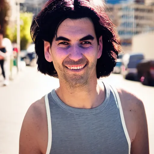 Prompt: softblur portrait of a highschool senior with middle long black hair, shaven face, silver earring, violet tight tanktop, he is smirking into the camera for a cover of a gay print magazine, agfa akurit, street photography, lomography, blurred, skateboard, derek gores, simon bisley