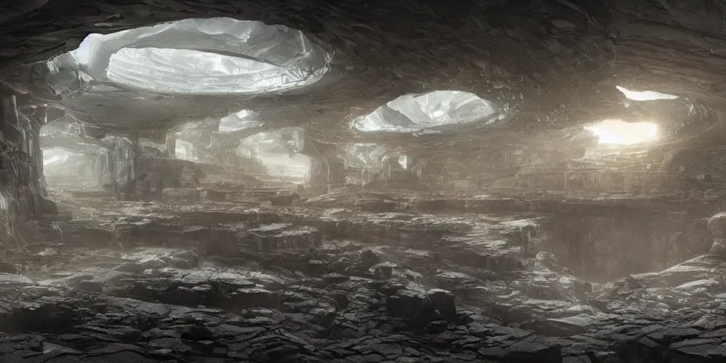 Image similar to a vast and epic ancient interior of an alien city buried with in a glacier deep in the mountains of antarctica, moody and lonely