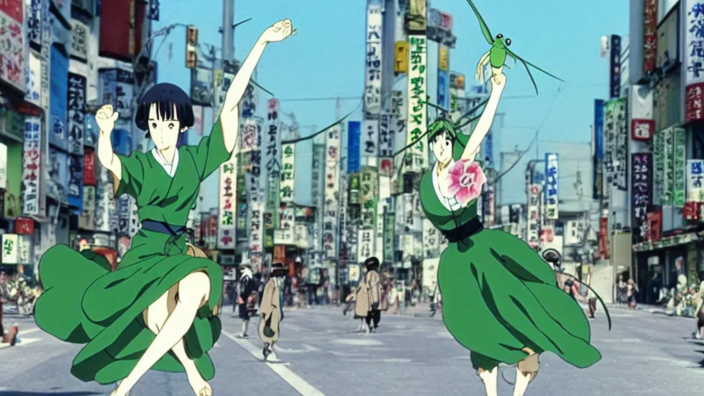 Image similar to a woman wearing a green dress and a praying mantis mask flying in the air in the streets of Tokyo with two swords, anime film still from the an anime directed by Katsuhiro Otomo with art direction by Salvador Dalí, wide lens