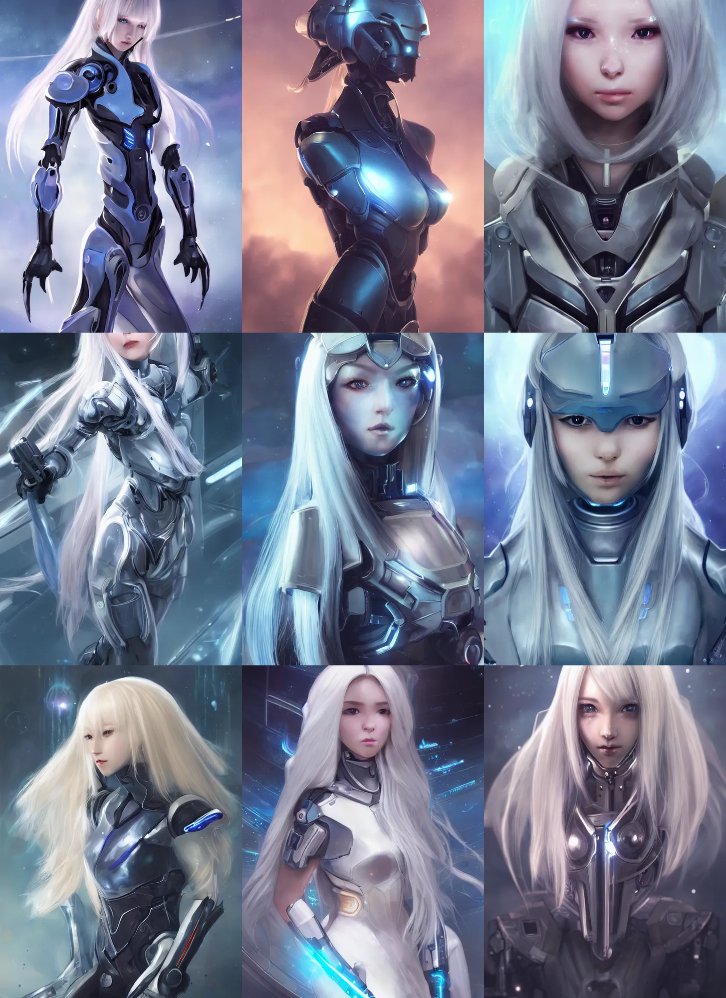 Prompt: perfect android girl, warframe armor, beautiful face, scifi, futuristic, space station, laboratory, kwak ji young, dreamy, long white hair, blue cyborg eyes, cinematic lighting, innocent, highly detailed, very cute, focused, artstation, divine, by gauthier leblanc, kazuya takahashi, huifeng huang, jama jurabaev