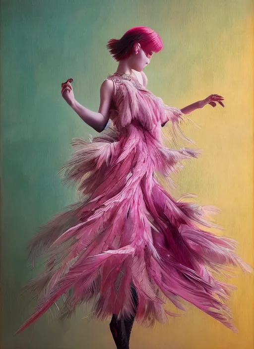 Image similar to beautiful young girl with an pink eccentric haircut wearing an dress made of feathers dancing on stage, artwork made by ilya kuvshinov, inspired in donato giancola, hd, ultra realistic, reflection, stage