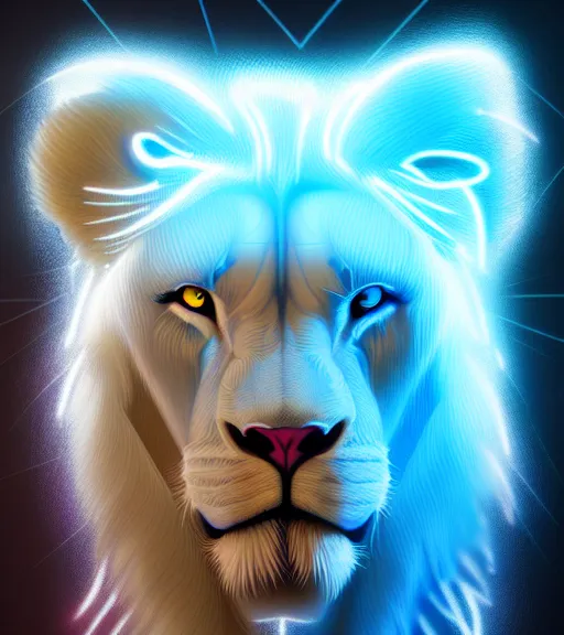Prompt: aesthetic portrait commission of a of a male fully furry anthro albino lion, solid cube of light, hard edges, product render retro - futuristic poster scifi, lasers and neon circuits, intricate, elegant, highly detailed, digital painting, artstation, concept art, smooth, sharp focus, illustration, dreamlike, art by artgerm