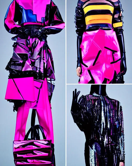 Image similar to an award winning fashion photograph for Balenciaga's cyberpunk Bladerunner 2049 fall line, dazzle camouflage!, dayglo pink, dayglo blue, raven black