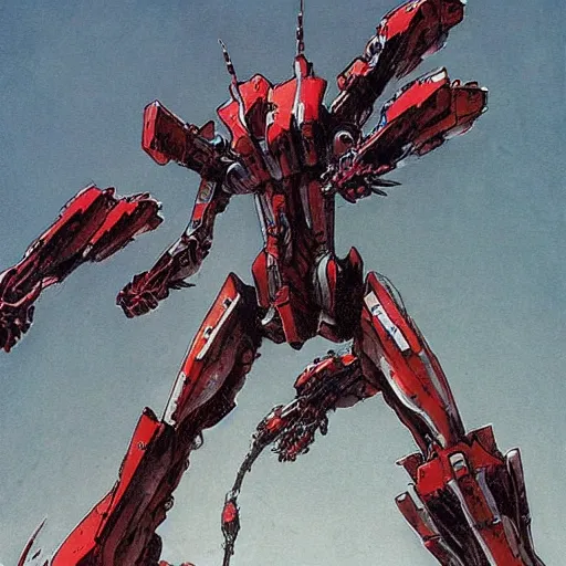 Prompt: a sleek, futuristic mecha defending the city, designed by hideaki anno, drawn by tsutomu nihei, and painted by zdzislaw beksinski