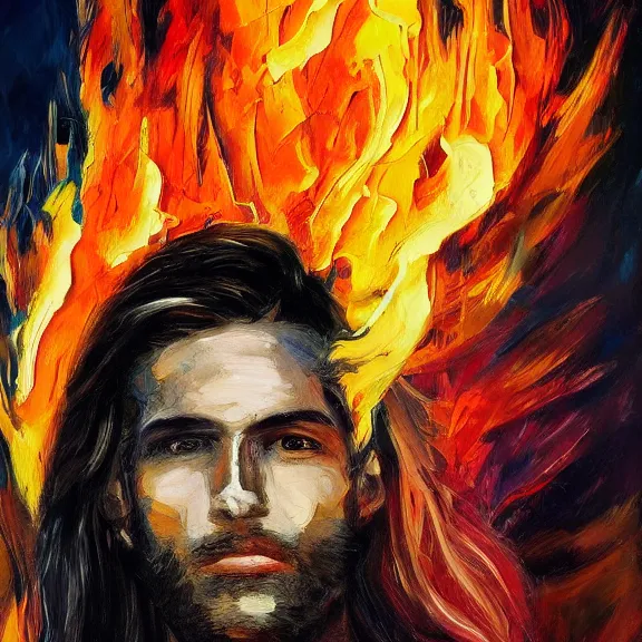 Image similar to abstract painting of man on fire. Handsome. Long hair. portrait. ArtStation. Impressionist