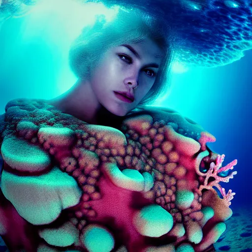 Prompt: psychedelic organic cyborg submerged in ocean coral reef, realism, extreme detail, real life, key art, soft light, volumetric light, photo by albert aublet
