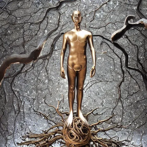 Image similar to a human man statue encased by a cosmic tree, a sense of awe, amazement, monogon, plasma display, wooden, silver, mercury, damascus, armature wire, multiscopy, morph, in a symbolic and meaningful style, insanely detailed and intricate, hypermaximalist, elegant, ornate, hyper realistic, super detailed,