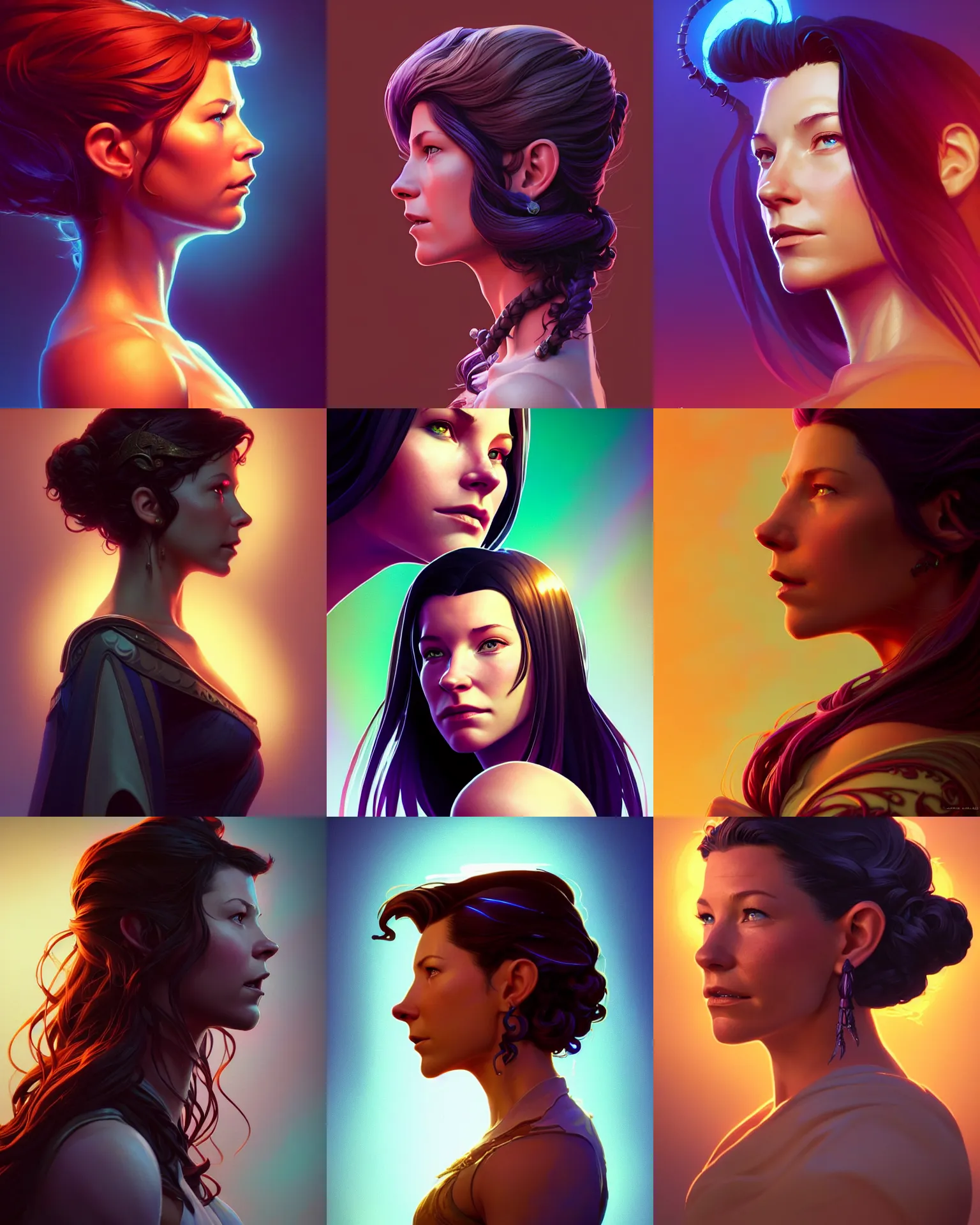 Prompt: side - profile medium shot portrait, young evangeline lilly, backlit, key lighting, smooth, gaudy colors, art nouveau, octane render aesthetic, gloomhaven, dota, overlord, arcane matte painting concept art, official fanart behance hd artstation by james gilleard, jesper ejsing, lois van baarle, ilya kuvshinov