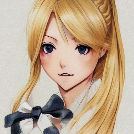 Prompt: luxury advertisement, astonishing portrait of a very beautiful anime high-school girl with blonde hair ponytail, white ribbon, full perfect face, realistic, highly detailed background, artstation, 120 degree view, drawn by Sasoura, Satchely and Akihiko Yoshida, no distortion