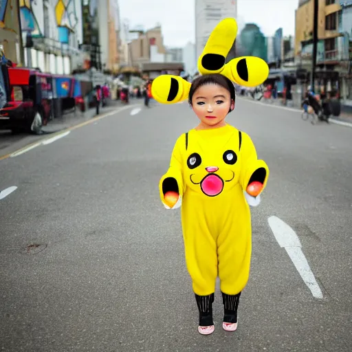 Prompt: upper half portrait, of a anthropomorphic asian girl wearing a pikatchu costume, far shot, 5 feet away