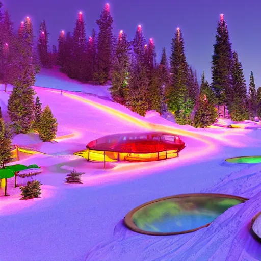 Prompt: psychedelic ski resort with hot springs, concept art, unreal engine 5 8k render