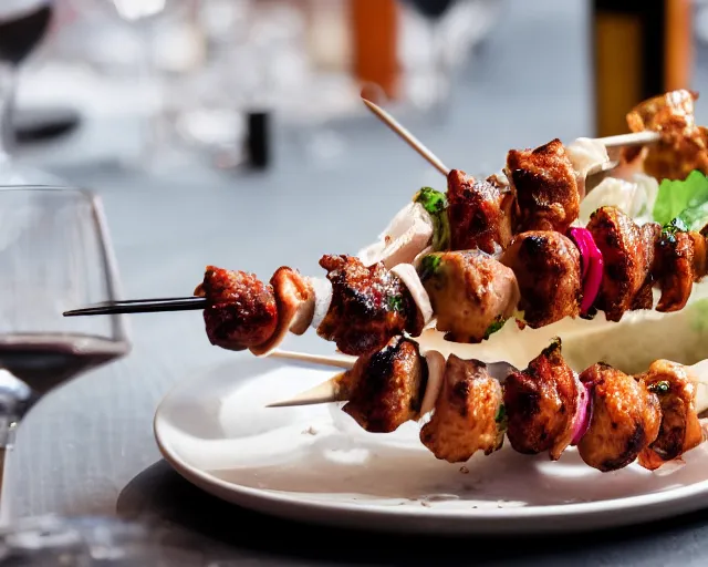 Prompt: 8 5 mm food photography of a skewer kebab of eyeballs at a restaurant with dof and bokeh and wine glasses out of focus in the background. highly detailed 8 k. intricate. lifelike. soft diffused light. nikon d 8 5 0.