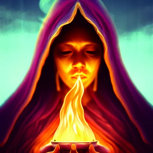 Image similar to ( a priestess with a hood that covers half her face carries an incense burner that emits a pleasantly colored flame. ) by anato finnstark, photorealistic, full body portrait, dynamic lighting, beautiful, trending on artstation, wallpaper, 4 k, award winning, digital art, golden hues, dream background