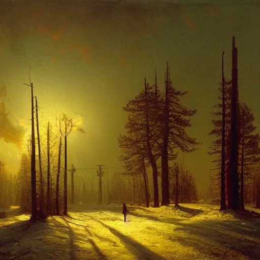 Prompt: The gateway into winter, cottagecore, by Simon Stålenhag and Albert Bierstadt, oil on canvas