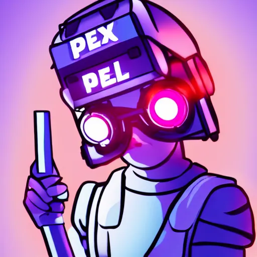 Prompt: krunker character wearing goggles with the word pixel spelt out above in a cyberpunk aesthetic