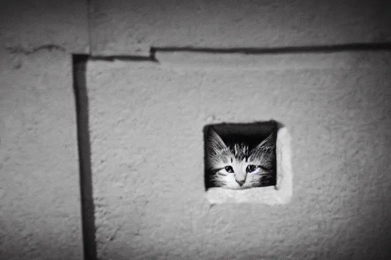 Image similar to a sad kitten in the corner of a dark basement
