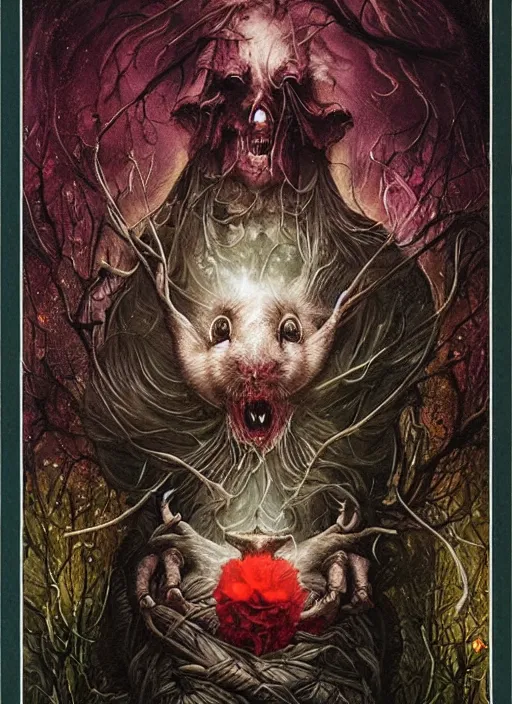 Prompt: the dormouse, death tarot card, highly detailed, cinematic, 8 k, by megan duncanson, benjamin lacombe, adrian borda, stanley artgermm, tom bagshaw, craig mullins, carne griffiths, ayami kojima, beksinski, giger, trending on deviantart, hyper detailed, horror, full of colour