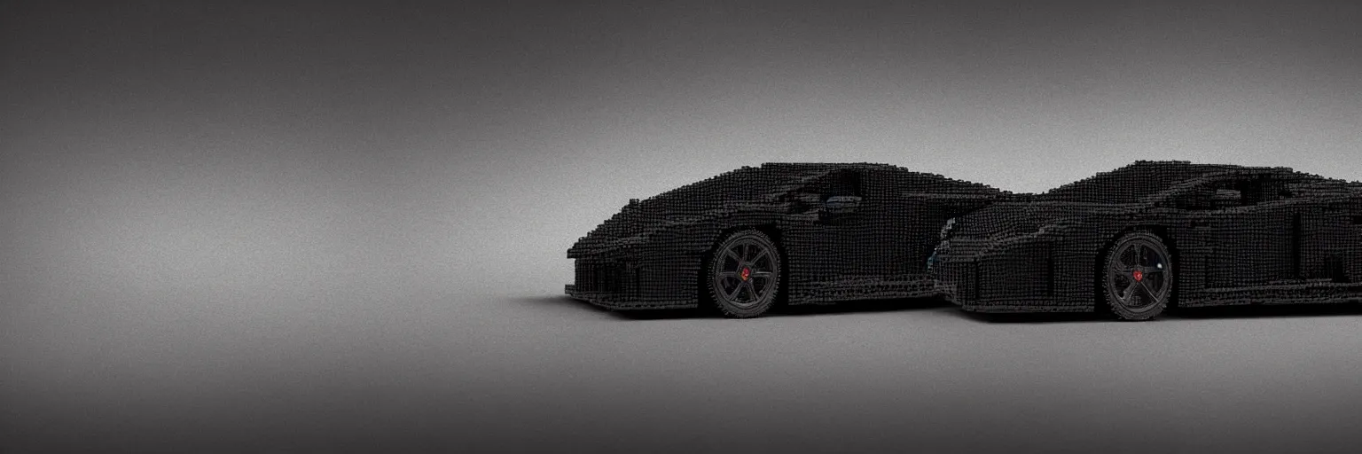 Prompt: black lego lamborghini. soft light. dark background. cinematic. intricate. close - up shot. highly detailed. matte painting in the style of craig mullins