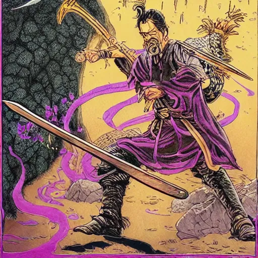 Prompt: Frank Zappa golden Vagabond magic swordsman glides through a beautiful battlefield magic the gathering dramatic esoteric!!!!!! pen and ink!!!!! illustrated in high detail!!!!!!!! by Hiroya Oku!!!!! Written by Wes Anderson graphic novel published on shonen jump 2002 award winning!!!!