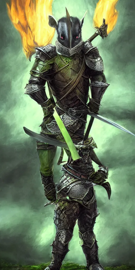 Image similar to full body portrait of half rat knight holding a great sword made of fire, anthropomorphic, prompt:hyper realistic, high detail, photo realistic, cinematic lighting, rendering by octane, spot lighting, in a open field, high quality, coherent. green hue armor