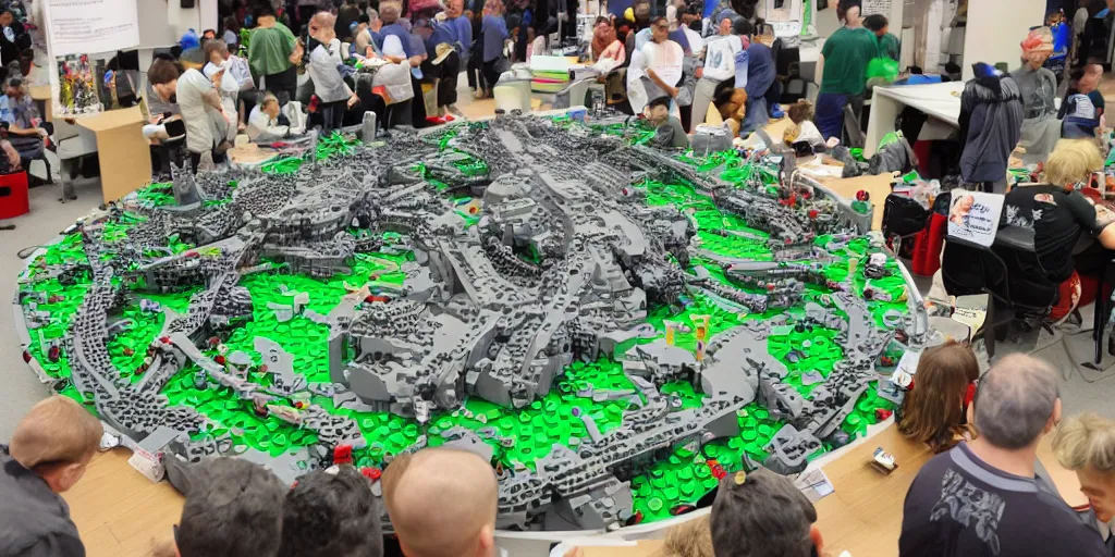 Prompt: wide shot lens photo of a very intricately detailed and epically shaped 3. 5 meter long hovercraft the nebuchadnezzar from the matrix attacked by squid sentinels lego sculpture designed by a master builder as displayed at a lego convention, low angle shot.