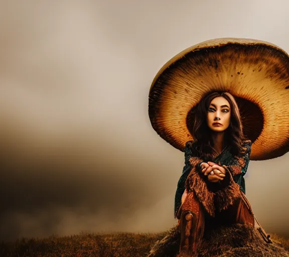 Image similar to a portrait of a female warrior sitting on a giant mushroom that covers a whole town and reaches above the clouds. intricate. lifelike. soft light. sony a 7 r iv 5 5 mm. cinematic post - processing