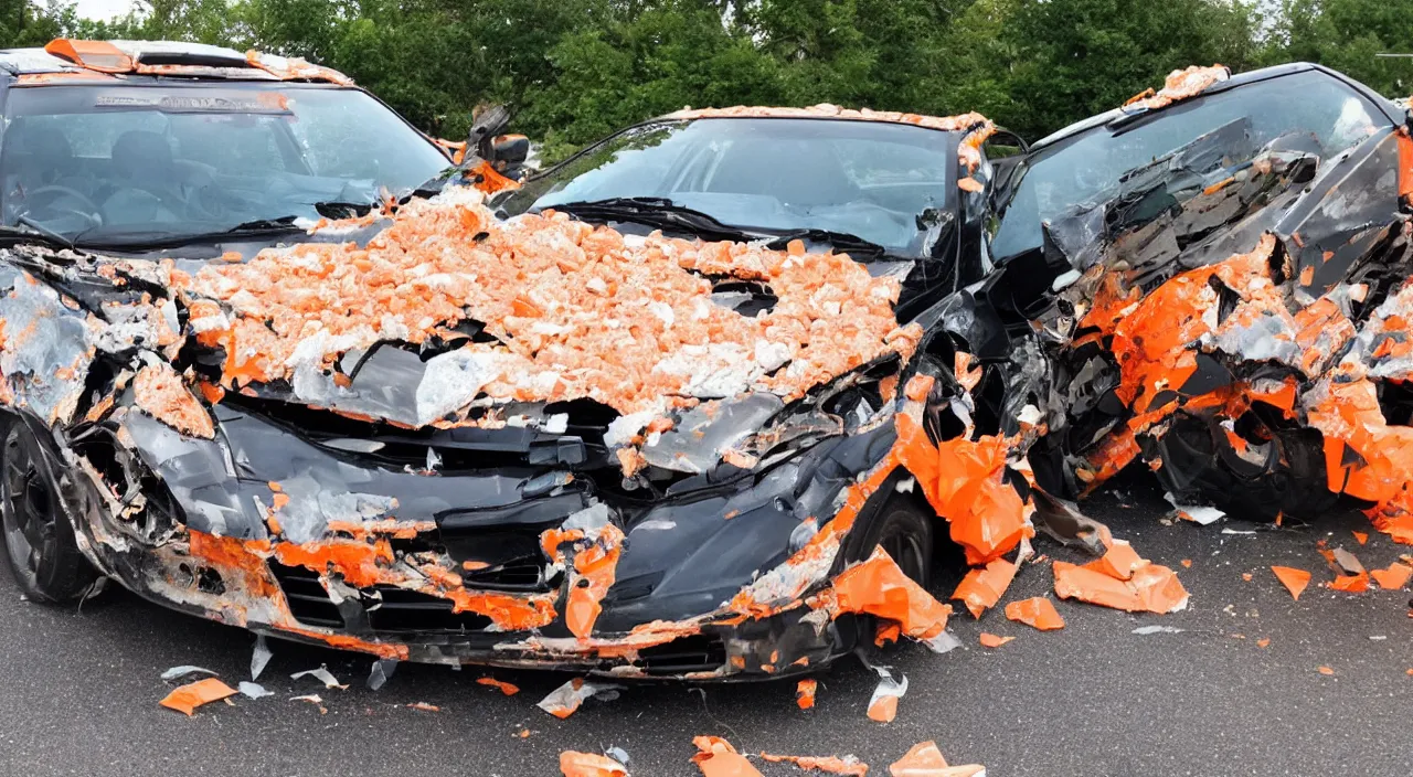 Prompt: 1993 nissan maxima windshield smashing into a million pieces, large orange traffic construction drum bouncing off windshield