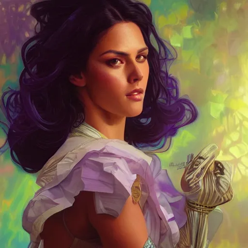 Image similar to Portrait of very very very very very very beautiful Latina woman, spacesuit, purple eyes, intricate, elegant, highly detailed, digital painting, artstation, concept art, smooth, sharp focus, illustration, art by artgerm and greg rutkowski and alphonse mucha