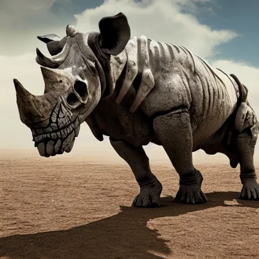 Image similar to a cinematic view of skeleton rhino made of old bones, true realistic image, detailed image