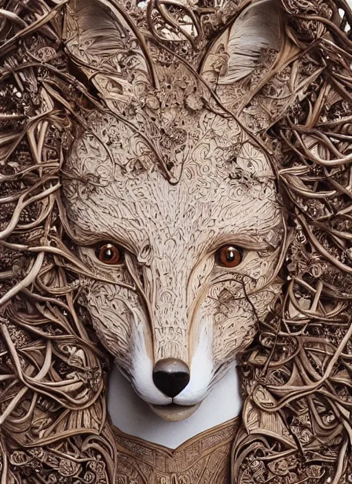 Image similar to sculpture of fox made of wood, portrait, female, future, wood, tree, harper's bazaar, vogue, magazine, insanely detailed and intricate, concept art, close up, ornate, luxury, elite, elegant, trending on artstation, by ruan jia, by Kenneth Willardt, by ross tran, by WLOP, by Andrei Riabovitchev,