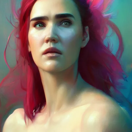 Prompt: jennifer connelly, colorful oil painting by greg rutkowski, charlie bowater, yuumei, yanjun cheng, unreal 5, daz, hyperrealistic, octane render, rpg portrait, dynamic lighting, fantasy art, beautiful face