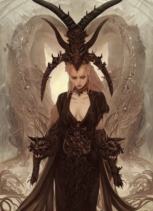 Image similar to a beautiful illustration of a satanic witch with horns in head holding a dragon, intricate, sharp focus, illustration, highly detailed, digital painting, concept art, matte, art by wlop and artgerm and greg rutkowski and alphonse mucha, masterpiece