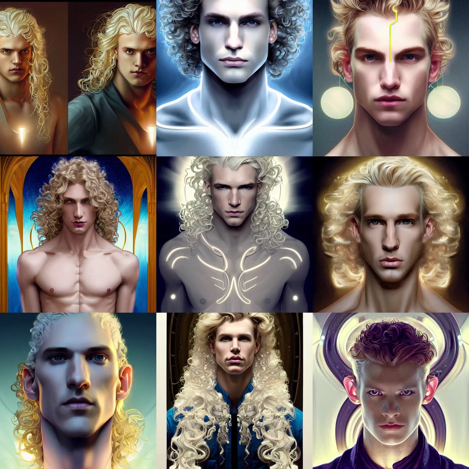 Prompt: symmetry portrait of a pale blond androgynous irish male cyborg with very curly long blond curly hair, genetically augmented, clean shaven!!!!, sci - fi, glowing lights intricate, elegant, highly detailed, digital painting, artstation, concept art, smooth, sharp focus, illustration, art by artgerm and greg rutkowski and alphonse mucha