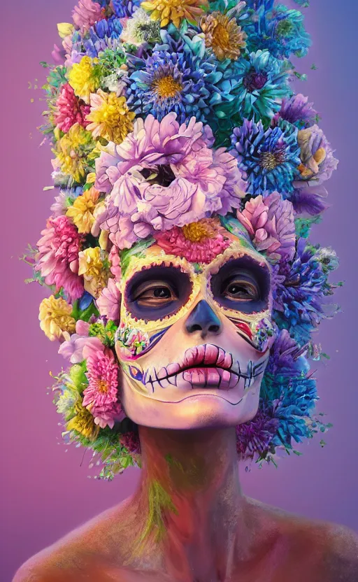 Image similar to a beautiful oil painting hyperrealism of a beautiful woman, flowers, dia de los muertos makeup, floral headdress, 8 k resolution, octane render, trending on artstation, by gediminas pranckevicius, volumetric light 2 blue fractal thunder glow by dan mumford, anaglyph effect, laurie lipton