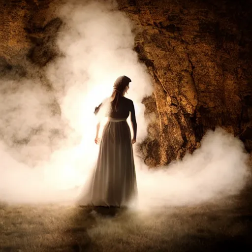 Image similar to photo, a woman in a giant flowing incredibly long dragging white dress made out of white smoke, standing inside a dark night western rocky scenic landscape, a vintage cowboy movie projected, volumetric lighting