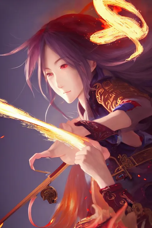 Prompt: beautiful attrative face female gunslinger japnese wardrobe with fire sparkling and smoke around her, light flowing hair, anime key visual, absurdly beautiful, highly detailed, sharp focus, concept art, granblue fantasy, anime by serafleur / d pin / rongzhen luo / mingdosa / ruan jia / gemi ningen