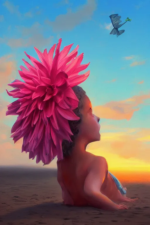 Image similar to closeup giant dahlia flower head, girl laying on beach, surreal photography, blue sky, sunrise, dramatic light, impressionist painting, digital painting, artstation, simon stalenhag