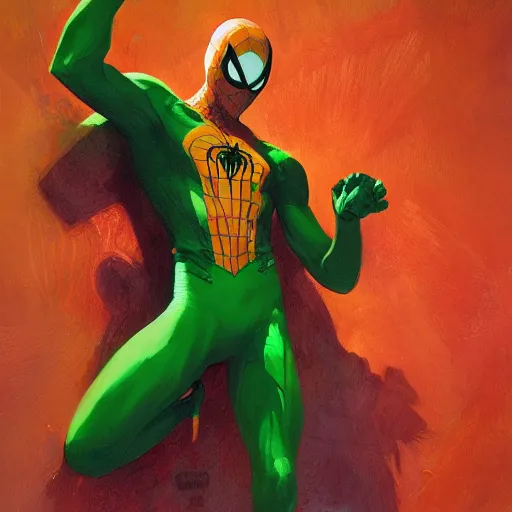 Prompt: an orange and green spiderman by ruan jia and marc silvestri