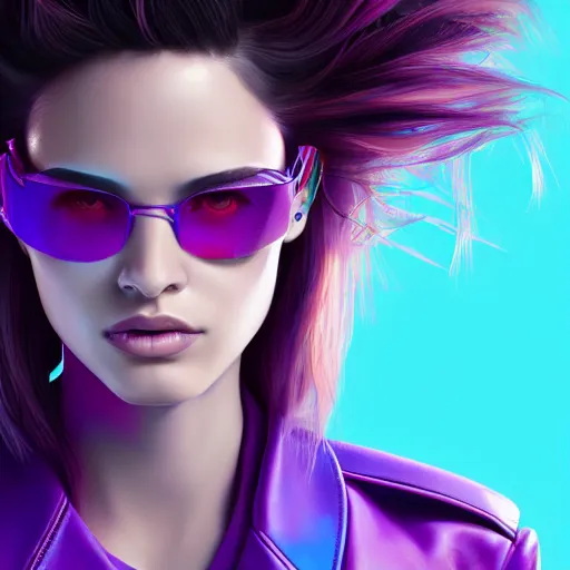 Prompt: closeup painting of a very beautiful young mexican cyberpunk woman with a smirk, wearing light blue venetian blind shades and a purple coloured leather jacket, one side haircut, long brown hair with light blue ends, portrait, hyperdetailed, artstation, cgsociety, 8 k, synthwave!!! image